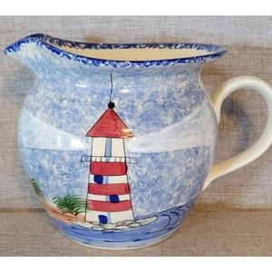 Patton Lighthouse Handmade Stoneware Pottery Cream Blue Red Trees Ocean